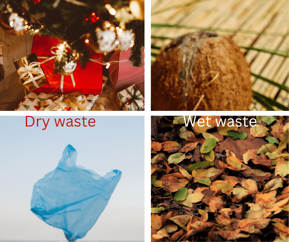 Examples of dry and wet waste, biodegradable waste.